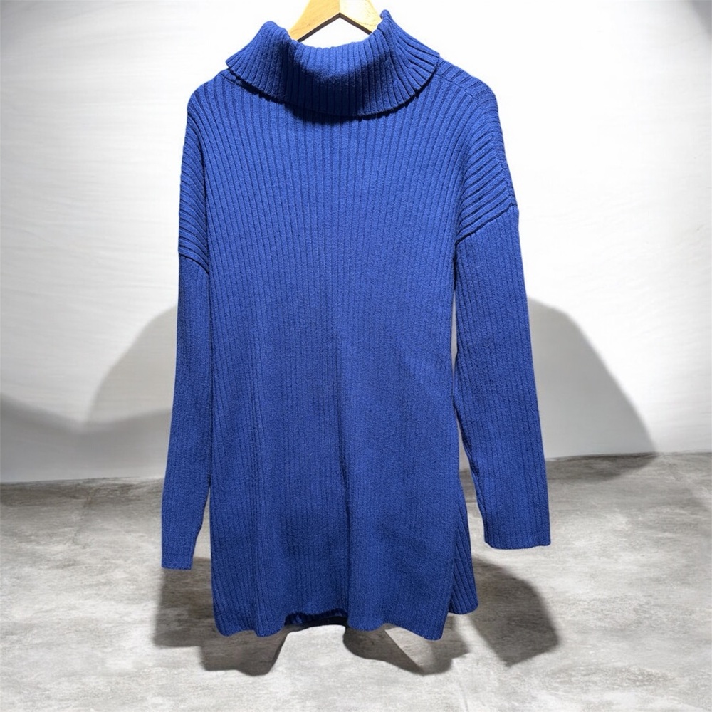Women’s Cozy Turtleneck Ribbed Sweater Dress- Blue